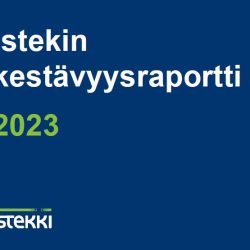 Tummansininen tausta, jonka päällä valkoisella teksti "Istekin kestävyysraportti 2023".