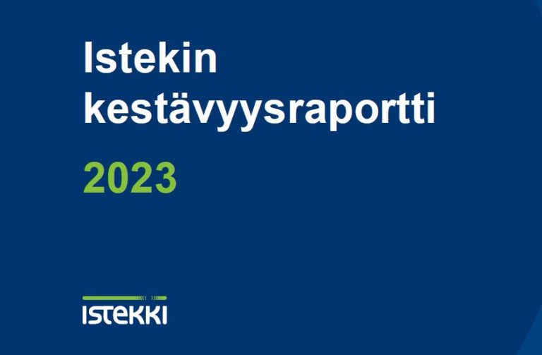 Tummansininen tausta, jonka päällä valkoisella teksti "Istekin kestävyysraportti 2023".
