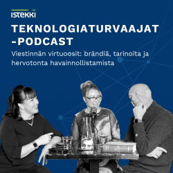 Teknologiaturvaajat-podcastin 5. jakson mainoskuva, jossa on mustavalkoiset vieraiden hahmot tummansinistä taustaa vasten istumassa pöydän ääressä puhumassa mikrofoniin.