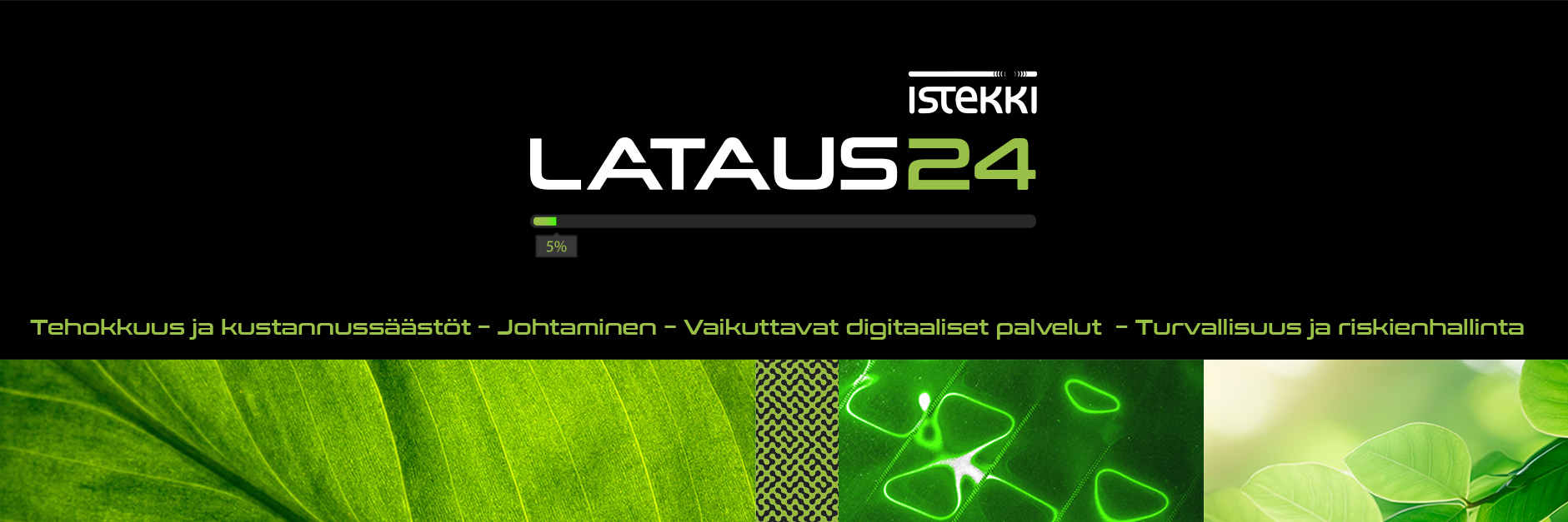 Lataus24-asiakaspäivien banneri. Lataus24 teksti on mustaa taustaa varten ja sen alla on vihreitä graafisia kuvioita.